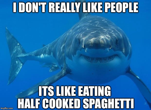 Straight White Shark |  I DON'T REALLY LIKE PEOPLE; ITS LIKE EATING HALF COOKED SPAGHETTI | image tagged in straight white shark,memes,shark,funny,funny animals | made w/ Imgflip meme maker