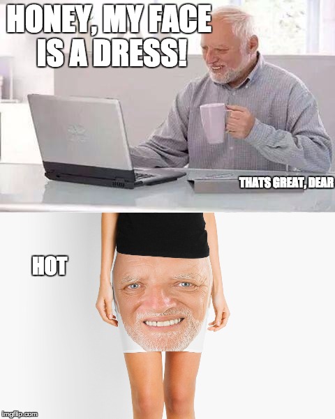 Hide the Pain Harold | HONEY, MY FACE IS A DRESS! THATS GREAT, DEAR; HOT | image tagged in memes,hide the pain harold | made w/ Imgflip meme maker