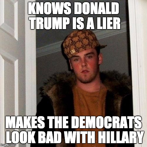Hopeless conservatives be like (I don't really support Hillary, btw)  | KNOWS DONALD TRUMP IS A LIER; MAKES THE DEMOCRATS LOOK BAD WITH HILLARY | image tagged in memes,scumbag steve | made w/ Imgflip meme maker