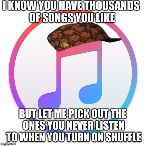 I KNOW YOU HAVE THOUSANDS OF SONGS YOU LIKE; BUT LET ME PICK OUT THE ONES YOU NEVER LISTEN TO WHEN YOU TURN ON SHUFFLE | image tagged in itunes,scumbag,AdviceAnimals | made w/ Imgflip meme maker