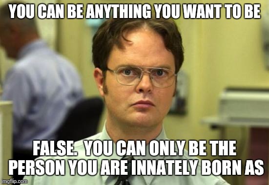 Dwight Schrute | YOU CAN BE ANYTHING YOU WANT TO BE; FALSE.  YOU CAN ONLY BE THE PERSON YOU ARE INNATELY BORN AS | image tagged in memes,dwight schrute | made w/ Imgflip meme maker