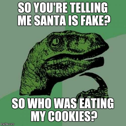 Philosoraptor Meme | SO YOU'RE TELLING ME SANTA IS FAKE? SO WHO WAS EATING MY COOKIES? | image tagged in memes,philosoraptor | made w/ Imgflip meme maker