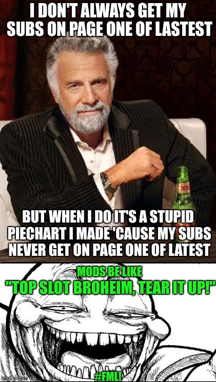 Don'tAlwaysTroll | I DON'T ALWAYS GET MY SUBS ON PAGE ONE OF LASTEST BUT WHEN I DO IT'S A STUPID PIECHART I MADE 'CAUSE MY SUBS NEVER GET ON PAGE ONE OF LATEST | image tagged in don'talwaystroll | made w/ Imgflip meme maker