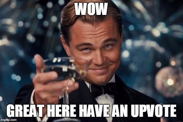 Leonardo Dicaprio Cheers Meme | WOW GREAT HERE HAVE AN UPVOTE | image tagged in memes,leonardo dicaprio cheers | made w/ Imgflip meme maker