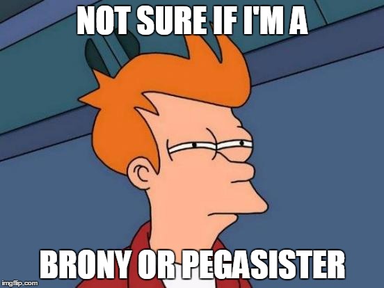 Futurama Fry | NOT SURE IF I'M A; BRONY OR PEGASISTER | image tagged in memes,futurama fry | made w/ Imgflip meme maker