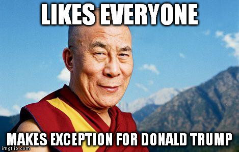 dalai-lama | LIKES EVERYONE; MAKES EXCEPTION FOR DONALD TRUMP | image tagged in dalai-lama,memes | made w/ Imgflip meme maker