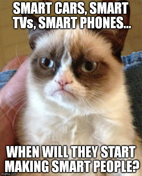 Grumpy Cat Meme | SMART CARS, SMART TVs, SMART PHONES... WHEN WILL THEY START MAKING SMART PEOPLE? | image tagged in memes,grumpy cat | made w/ Imgflip meme maker