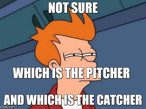Futurama Fry Meme | NOT SURE AND WHICH IS THE CATCHER WHICH IS THE PITCHER | image tagged in memes,futurama fry | made w/ Imgflip meme maker