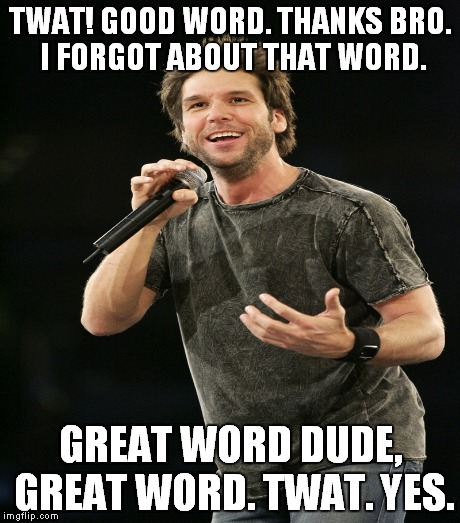 TWAT! GOOD WORD. THANKS BRO. I
FORGOT ABOUT THAT WORD. GREAT WORD DUDE, GREAT WORD. TWAT. YES. | made w/ Imgflip meme maker