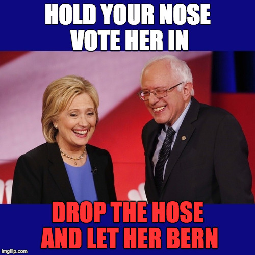 Hillary Clinton & Bernie Sanders | HOLD YOUR NOSE 
VOTE HER IN; DROP THE HOSE 
AND LET HER BERN | image tagged in hillary clinton  bernie sanders | made w/ Imgflip meme maker