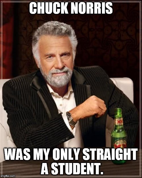 The Most Interesting Man In The World Meme | CHUCK NORRIS; WAS MY ONLY STRAIGHT A STUDENT. | image tagged in memes,the most interesting man in the world | made w/ Imgflip meme maker
