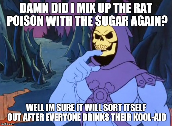 Skeletor is forgetful | DAMN DID I MIX UP THE RAT POISON WITH THE SUGAR AGAIN? WELL IM SURE IT WILL SORT ITSELF OUT AFTER EVERYONE DRINKS THEIR KOOL-AID | image tagged in skeletor,memes,funny,poison | made w/ Imgflip meme maker