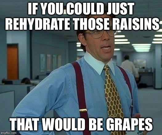 That Would Be Great | IF YOU COULD JUST REHYDRATE THOSE RAISINS; THAT WOULD BE GRAPES | image tagged in memes,that would be great | made w/ Imgflip meme maker