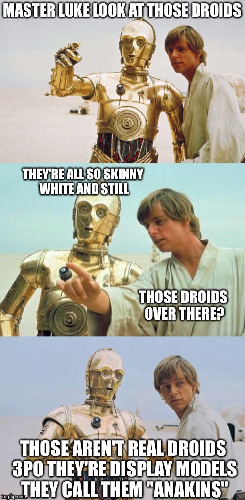 Bad Pun Luke Skywalker | MASTER LUKE LOOK AT THOSE DROIDS; THEY'RE ALL SO SKINNY WHITE AND STILL; THOSE DROIDS OVER THERE? THOSE AREN'T REAL DROIDS 3PO THEY'RE DISPLAY MODELS THEY CALL THEM "ANAKINS" | image tagged in bad pun luke skywalker | made w/ Imgflip meme maker