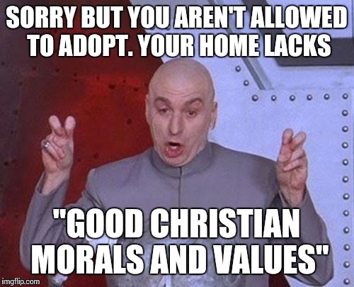 But they'd have so much beer. Isn't that a lot more important than silly bibles? | SORRY BUT YOU AREN'T ALLOWED TO ADOPT. YOUR HOME LACKS; "GOOD CHRISTIAN MORALS AND VALUES" | image tagged in memes,dr evil laser,adoption | made w/ Imgflip meme maker