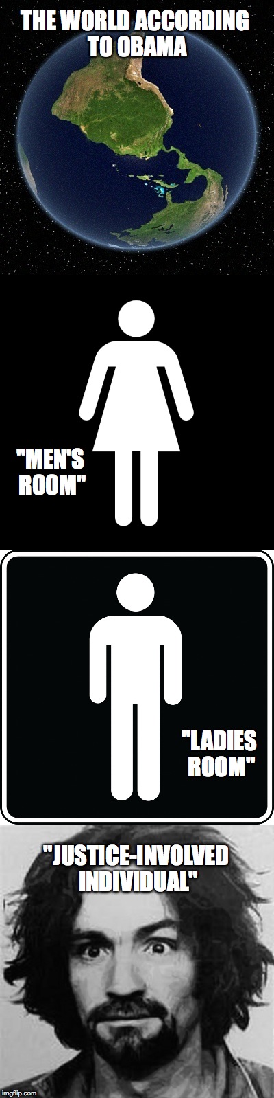 The World According to Obama | THE WORLD ACCORDING TO OBAMA; "MEN'S ROOM"; "LADIES ROOM"; "JUSTICE-INVOLVED INDIVIDUAL" | image tagged in obama,men's room,ladies room,justice-involved individual | made w/ Imgflip meme maker