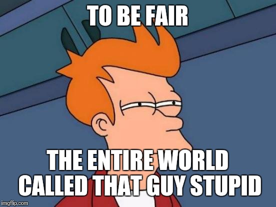 Futurama Fry Meme | TO BE FAIR THE ENTIRE WORLD CALLED THAT GUY STUPID | image tagged in memes,futurama fry | made w/ Imgflip meme maker