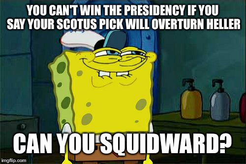 Don't You Squidward Meme | YOU CAN'T WIN THE PRESIDENCY IF YOU SAY YOUR SCOTUS PICK WILL OVERTURN HELLER; CAN YOU SQUIDWARD? | image tagged in memes,dont you squidward | made w/ Imgflip meme maker