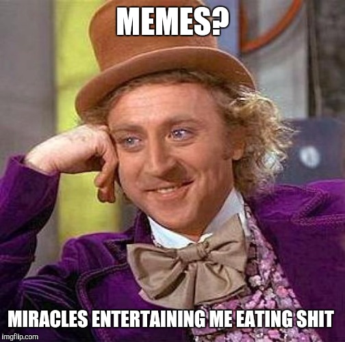 Creepy Condescending Wonka | MEMES? MIRACLES
ENTERTAINING
ME
EATING
SHIT | image tagged in memes,creepy condescending wonka | made w/ Imgflip meme maker