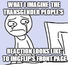 Sad cartoon | WHAT I IMAGINE  THE TRANSGENDER PEOPLE'S; REACTION LOOKS LIKE TO IMGFLIP'S FRONT PAGE | image tagged in sad cartoon | made w/ Imgflip meme maker