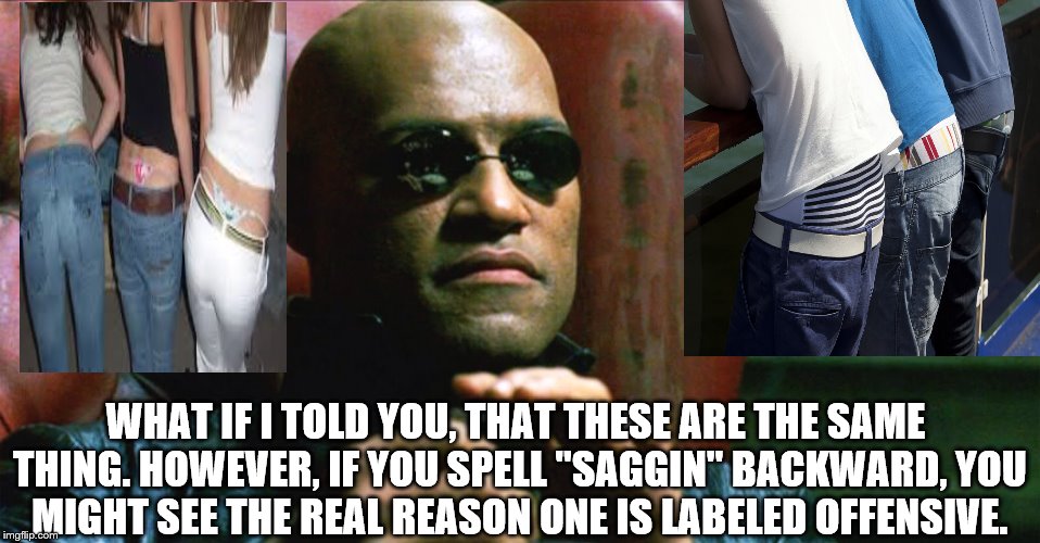 Laurence Fishburne Morpheus | WHAT IF I TOLD YOU, THAT THESE ARE THE SAME THING. HOWEVER, IF YOU SPELL "SAGGIN" BACKWARD, YOU MIGHT SEE THE REAL REASON ONE IS LABELED OFFENSIVE. | image tagged in laurence fishburne morpheus | made w/ Imgflip meme maker