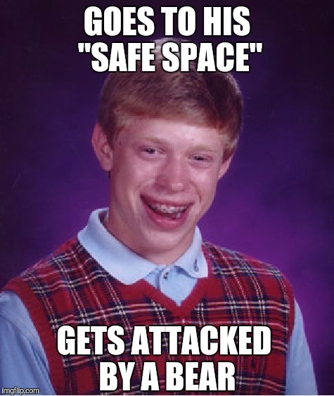 Bad Luck Brian | GOES TO HIS "SAFE SPACE"; GETS ATTACKED BY A BEAR | image tagged in memes,bad luck brian | made w/ Imgflip meme maker