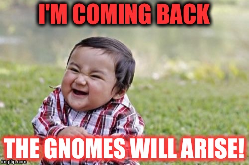Evil Toddler | I'M COMING BACK; THE GNOMES WILL ARISE! | image tagged in memes,evil toddler | made w/ Imgflip meme maker