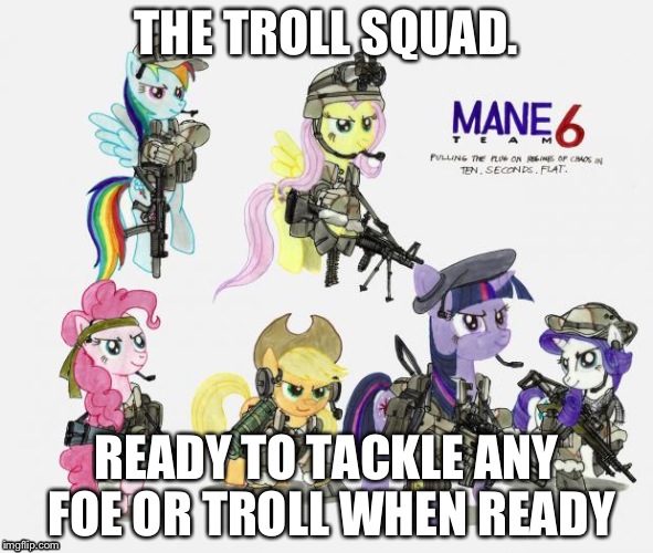 Military Ponies | THE TROLL SQUAD. READY TO TACKLE ANY FOE OR TROLL WHEN READY | image tagged in military ponies | made w/ Imgflip meme maker