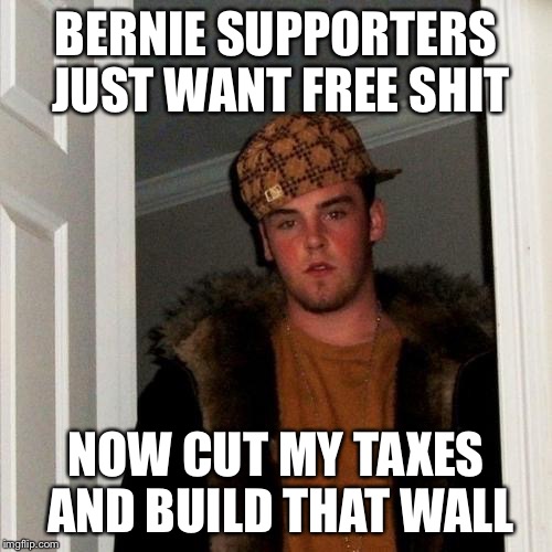 Scumbag Steve Meme | BERNIE SUPPORTERS JUST WANT FREE SHIT; NOW CUT MY TAXES AND BUILD THAT WALL | image tagged in memes,scumbag steve | made w/ Imgflip meme maker