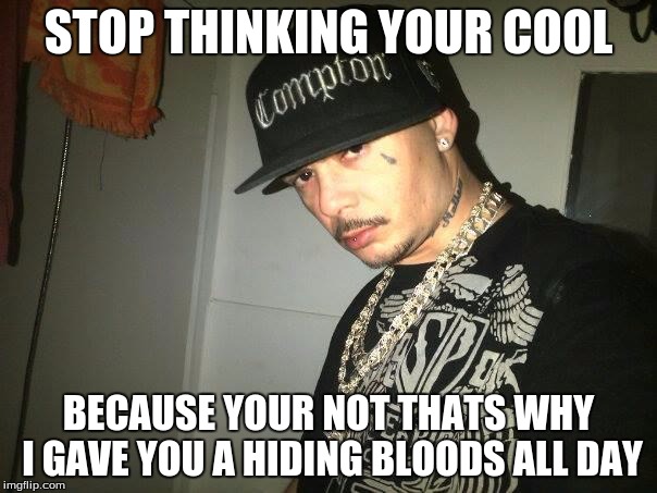compton | STOP THINKING YOUR COOL; BECAUSE YOUR NOT
THATS WHY I GAVE YOU A HIDING
BLOODS ALL DAY | image tagged in compton | made w/ Imgflip meme maker