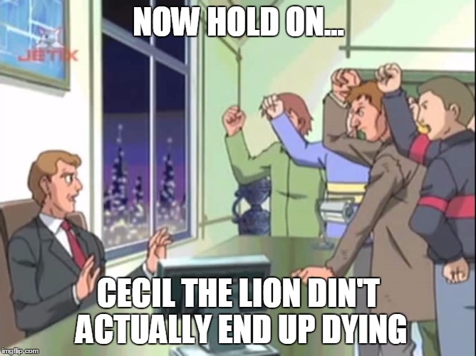 And I wouldn't have cared if he/it did | NOW HOLD ON... CECIL THE LION DIN'T ACTUALLY END UP DYING | image tagged in now hold on - sonic x,cecil the lion,media | made w/ Imgflip meme maker