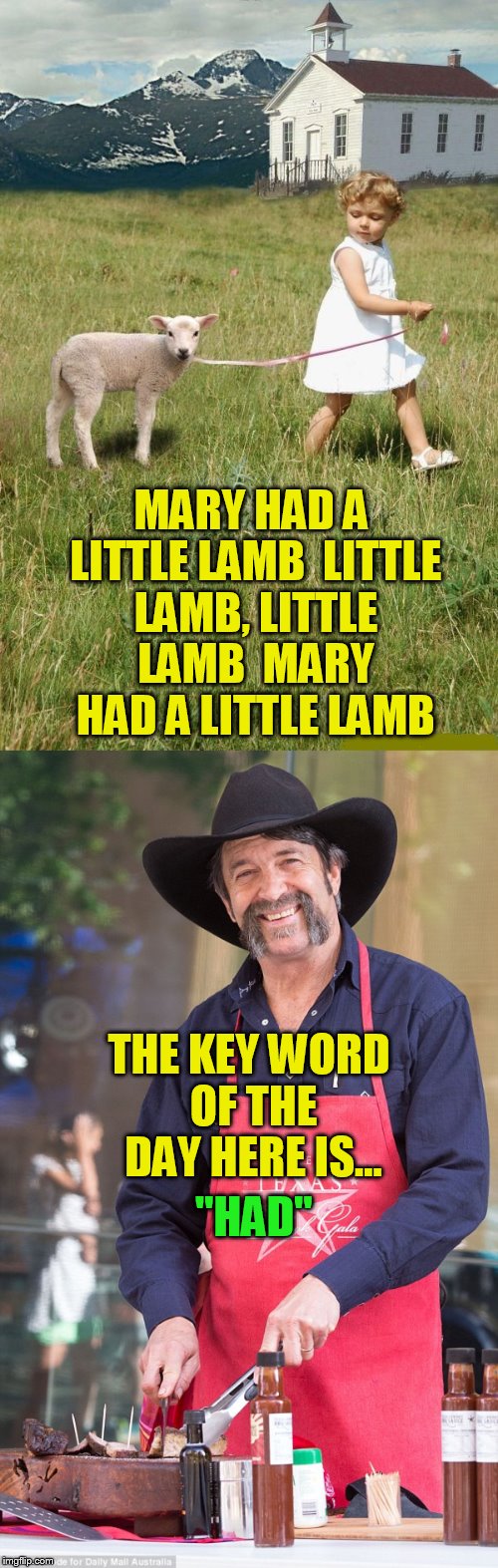 The Key Word Of The Day Is... |  MARY HAD A LITTLE LAMB
 LITTLE LAMB, LITTLE LAMB
 MARY HAD A LITTLE LAMB; THE KEY WORD OF THE DAY HERE IS... ''HAD'' | image tagged in funny meme,mary,lamb,word,funny,joke | made w/ Imgflip meme maker