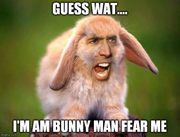 bunny nick cage faceswap |  GUESS WAT.... I'M AM BUNNY MAN FEAR ME | image tagged in bunny nick cage faceswap | made w/ Imgflip meme maker