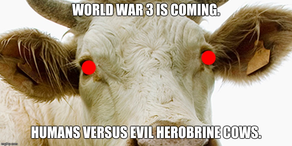 Evil cows | WORLD WAR 3 IS COMING. HUMANS VERSUS EVIL HEROBRINE COWS. | image tagged in evil cows,world war 3,herobrine | made w/ Imgflip meme maker