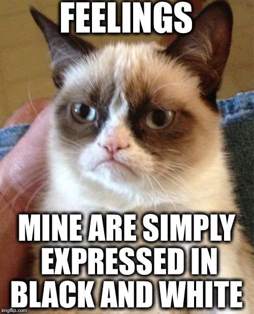 Grumpy Cat | FEELINGS; MINE ARE SIMPLY EXPRESSED IN BLACK AND WHITE | image tagged in memes,grumpy cat | made w/ Imgflip meme maker