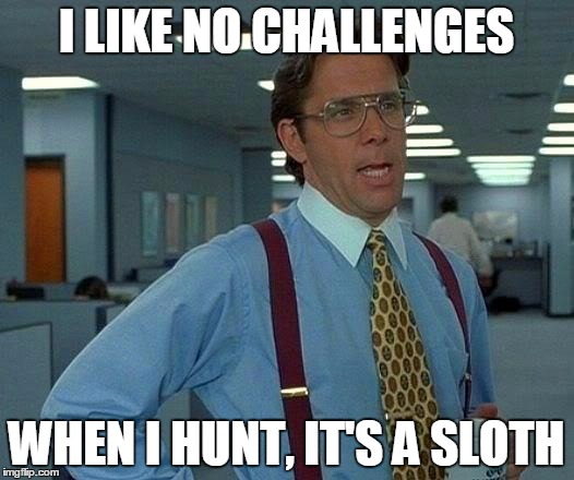 That Would Be Great | I LIKE NO CHALLENGES; WHEN I HUNT, IT'S A SLOTH | image tagged in memes,that would be great | made w/ Imgflip meme maker