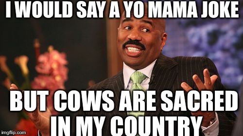 Steve Harvey Meme | I WOULD SAY A YO MAMA JOKE; BUT COWS ARE SACRED IN MY COUNTRY | image tagged in memes,steve harvey,yo mama | made w/ Imgflip meme maker
