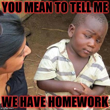 Third World Skeptical Kid Meme | YOU MEAN TO TELL ME; WE HAVE HOMEWORK | image tagged in memes,third world skeptical kid | made w/ Imgflip meme maker