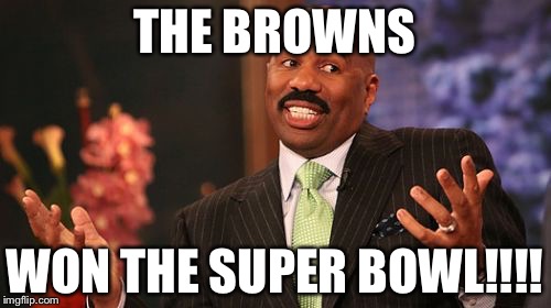 Never | THE BROWNS; WON THE SUPER BOWL!!!! | image tagged in memes,steve harvey | made w/ Imgflip meme maker