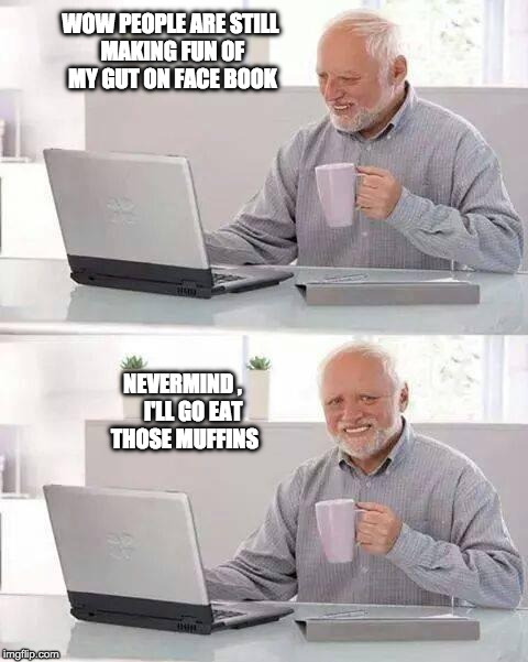 Hide the Pain Harold | WOW PEOPLE ARE STILL MAKING FUN OF MY GUT ON FACE BOOK; NEVERMIND ,     I'LL GO EAT THOSE MUFFINS | image tagged in memes,hide the pain harold | made w/ Imgflip meme maker