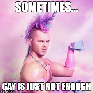 Unicorn MAN Meme | SOMETIMES... GAY IS JUST NOT ENOUGH | image tagged in memes,unicorn man | made w/ Imgflip meme maker