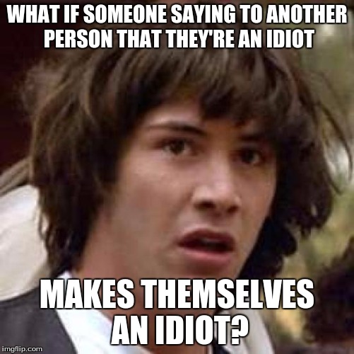 Conspiracy Keanu Meme | WHAT IF SOMEONE SAYING TO ANOTHER PERSON THAT THEY'RE AN IDIOT MAKES THEMSELVES AN IDIOT? | image tagged in memes,conspiracy keanu | made w/ Imgflip meme maker