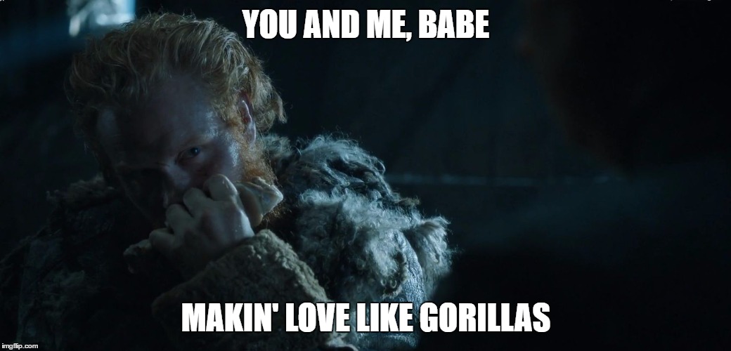 The way Tormund Looks at Brienne of Tarth | YOU AND ME, BABE; MAKIN' LOVE LIKE GORILLAS | image tagged in the way tormund looks at brienne of tarth | made w/ Imgflip meme maker