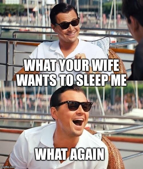 Leonardo Dicaprio Wolf Of Wall Street Meme | WHAT YOUR WIFE WANTS TO SLEEP ME; WHAT AGAIN | image tagged in memes,leonardo dicaprio wolf of wall street | made w/ Imgflip meme maker