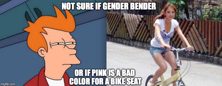 Futurama Fry | NOT SURE IF GENDER BENDER; OR IF PINK IS A BAD COLOR FOR A BIKE SEAT | image tagged in futurama fry,fry not sure | made w/ Imgflip meme maker
