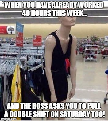 WHEN YOU HAVE ALREADY WORKED 40 HOURS THIS WEEK... AND THE BOSS ASKS YOU TO PULL A DOUBLE SHIFT ON SATURDAY TOO! | image tagged in mannequin | made w/ Imgflip meme maker