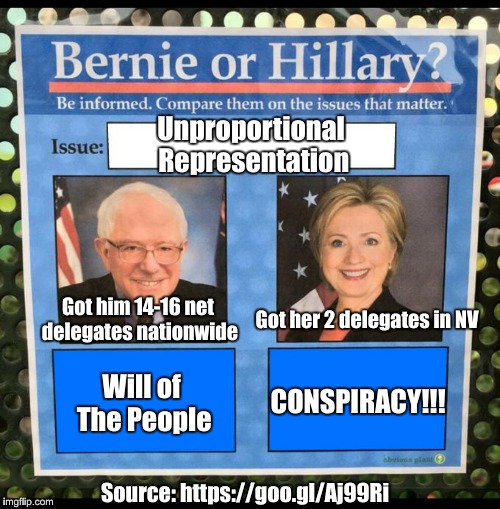 Bernie or Hillary? | Unproportional Representation; Got him 14-16 net delegates nationwide; Got her 2 delegates in NV; CONSPIRACY!!! Will of The People; Source: https://goo.gl/Aj99Ri | image tagged in bernie or hillary | made w/ Imgflip meme maker