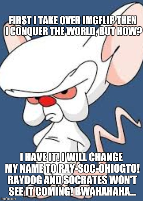 Pinky And The Brain | FIRST I TAKE OVER IMGFLIP THEN I CONQUER THE WORLD, BUT HOW? I HAVE IT! I WILL CHANGE MY NAME TO RAY-SOC-OHIOGTO! RAYDOG AND SOCRATES WON'T SEE IT COMING! BWAHAHAHA... | image tagged in pinky and the brain | made w/ Imgflip meme maker