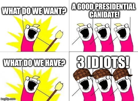 Wouldn't go further than your own backyard  | WHAT DO WE WANT? A GOOD PRESIDENTIAL CANIDATE! WHAT DO WE HAVE? 3 IDIOTS! | image tagged in memes,what do we want,scumbag | made w/ Imgflip meme maker