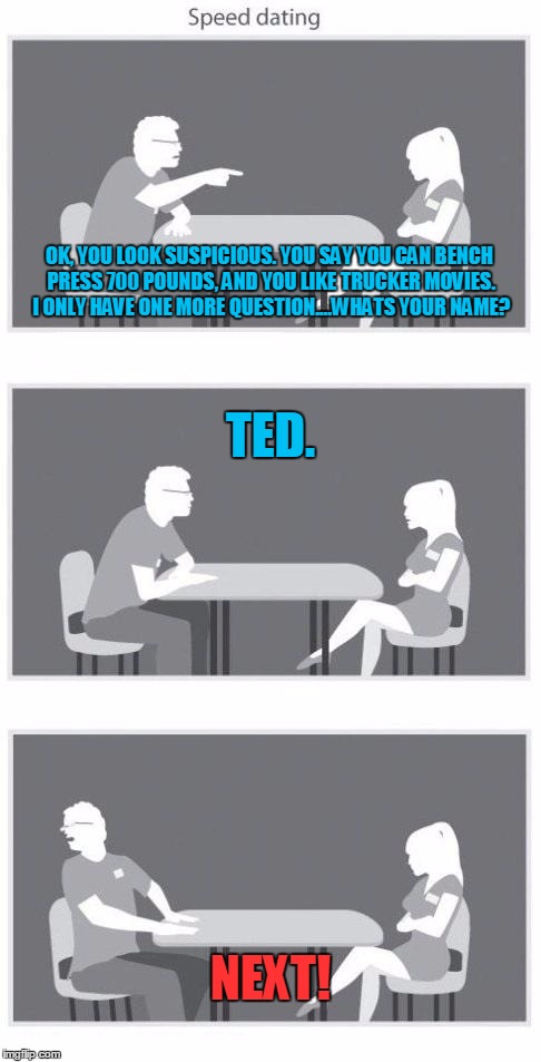 Speed dating | OK, YOU LOOK SUSPICIOUS. YOU SAY YOU CAN BENCH PRESS 700 POUNDS, AND YOU LIKE TRUCKER MOVIES. I ONLY HAVE ONE MORE QUESTION....WHATS YOUR NAME? TED. NEXT! | image tagged in speed dating | made w/ Imgflip meme maker